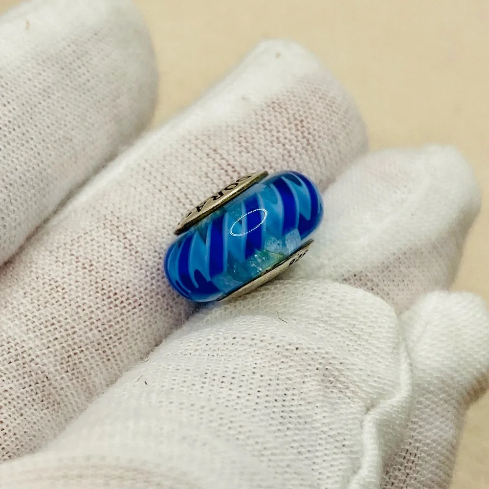EUC Pandora 790611 Striped Teal & Blue Murano Glass Charm